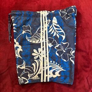 Adidas Mens Blue Floral Hibiscus Swim Trunks Board Shorts Size 34 3 Stripe Mesh